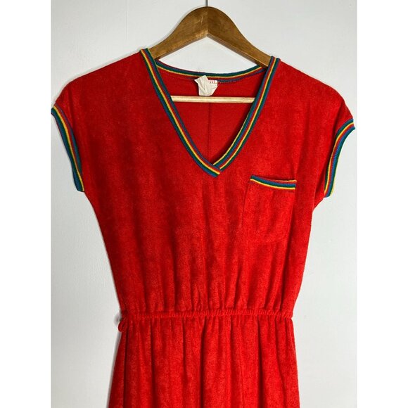 Vintage 70s Red Terry Cloth Dress Rainbow Trim Pocket Elastic Waist Womens XS - Picture 2 of 10